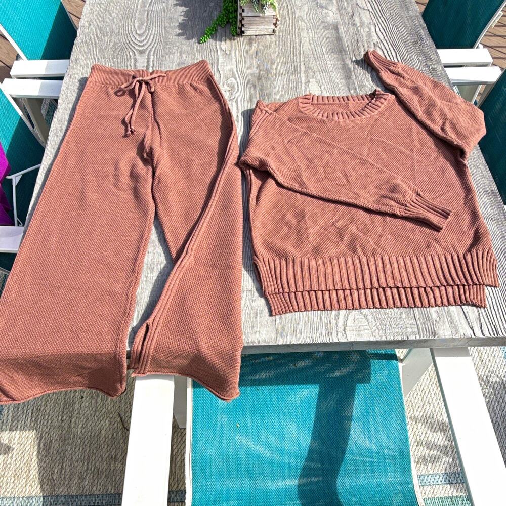 Women's Brown Knit 2-Piece Sweater & Pants Set S Relaxed Drawstring Elastic Fall
